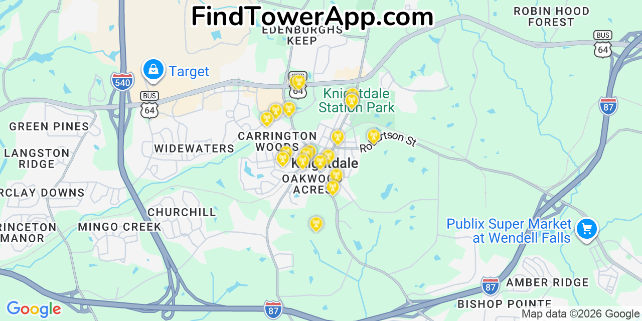 Map showing the 20 primary cell tower locations detected in Knightdale, North Carolina from AT&T, Verizon, and T-Mobile networks