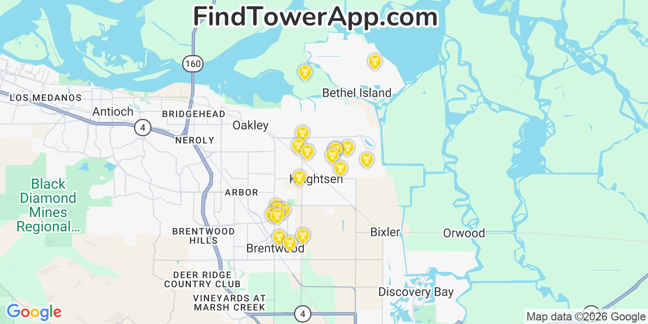 Map showing the 20 primary cell tower locations detected in Knightsen, California from AT&T, Verizon, and T-Mobile networks