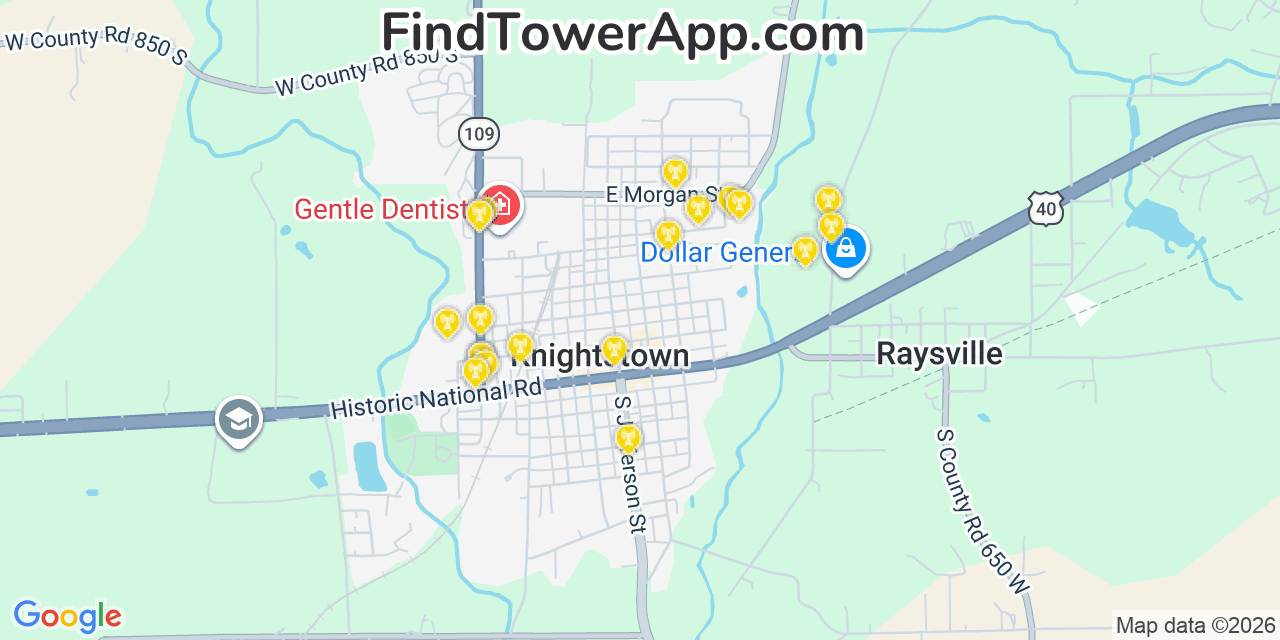 Map showing the 20 primary cell tower locations detected in Knightstown, Indiana from AT&T, Verizon, and T-Mobile networks