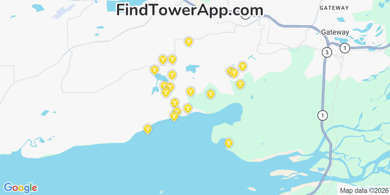 Map showing the 20 primary cell tower locations detected in Knik Fairview, Alaska from AT&T, Verizon, and T-Mobile networks
