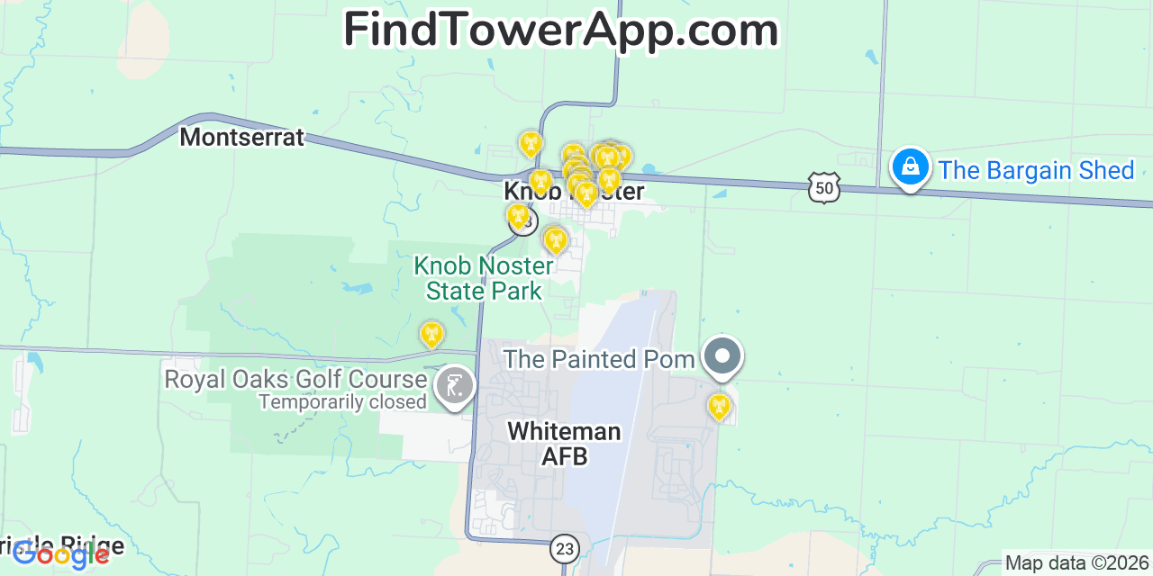 Map showing the 20 primary cell tower locations detected in Knob Noster, Missouri from AT&T, Verizon, and T-Mobile networks