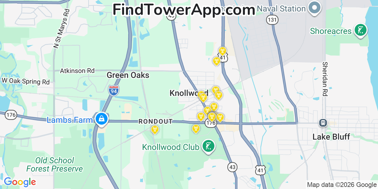 Map showing the 20 primary cell tower locations detected in Knollwood, Illinois from AT&T, Verizon, and T-Mobile networks