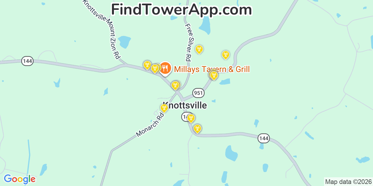 Map showing the 20 primary cell tower locations detected in Knottsville, Kentucky from AT&T, Verizon, and T-Mobile networks