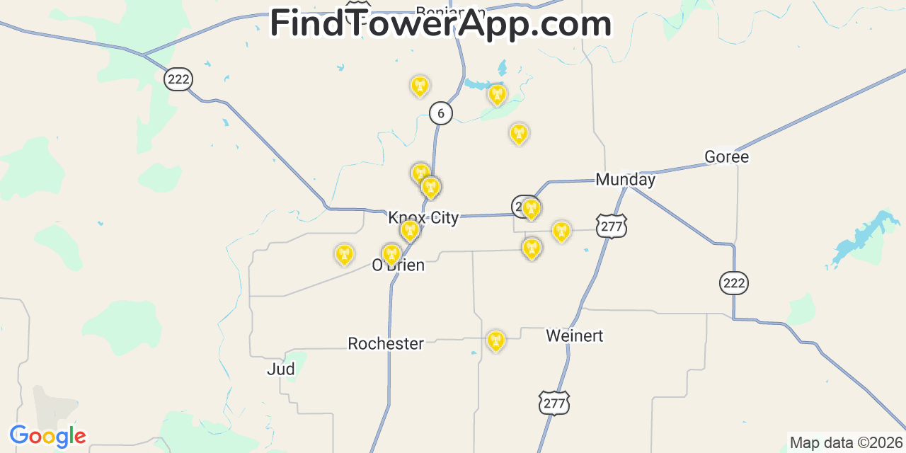 Map showing the 20 primary cell tower locations detected in Knox City, Texas from AT&T, Verizon, and T-Mobile networks