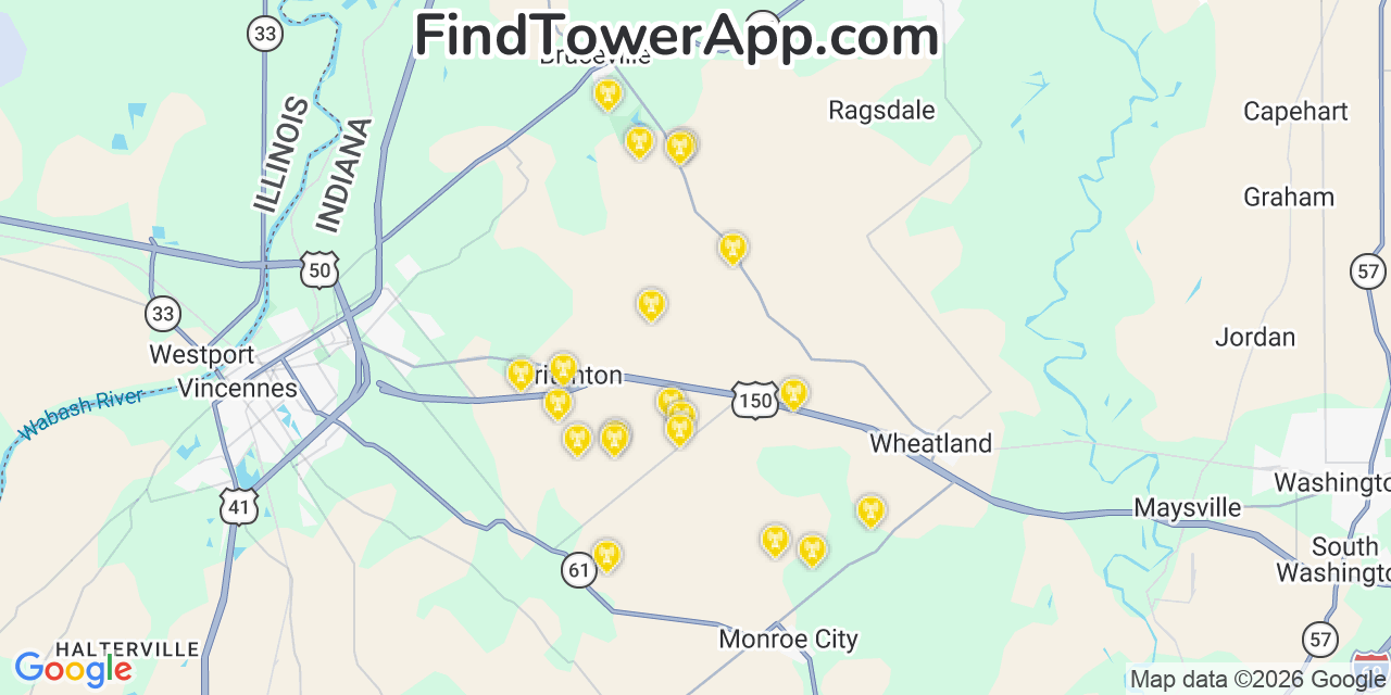 Map showing the 20 primary cell tower locations detected in Knox, Indiana from AT&T, Verizon, and T-Mobile networks
