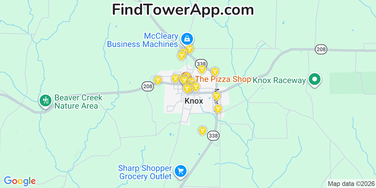 Map showing the 20 primary cell tower locations detected in Knox, Pennsylvania from AT&T, Verizon, and T-Mobile networks