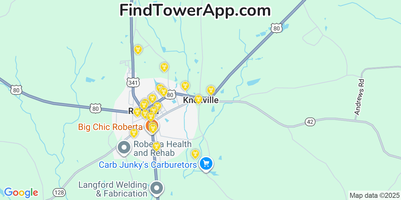 Map showing the 20 primary cell tower locations detected in Knoxville, Georgia from AT&T, Verizon, and T-Mobile networks