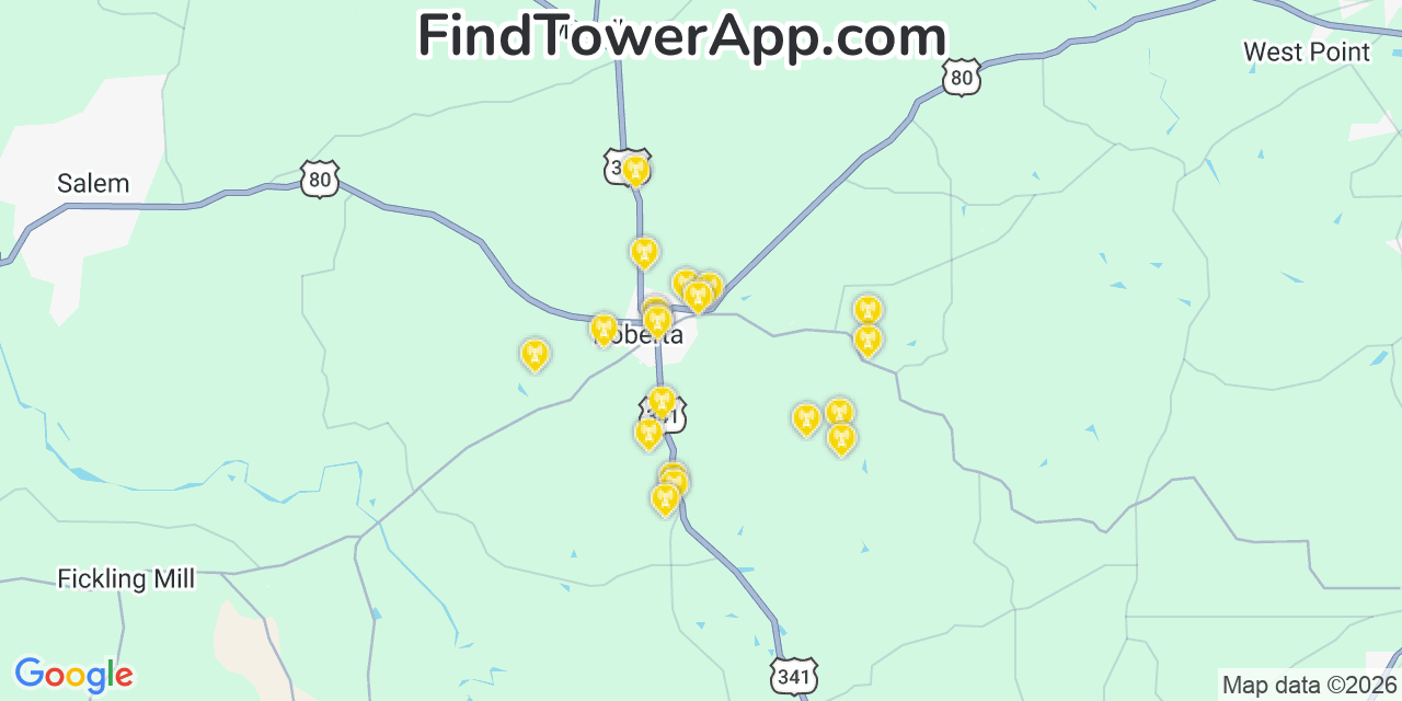 Map showing the 20 primary cell tower locations detected in Knoxville, Georgia from AT&T, Verizon, and T-Mobile networks
