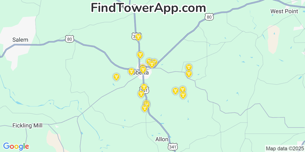 Map showing the 20 primary Mobitel cell tower locations detected in Knoxville, Georgia with coverage radius and signal strength indicators