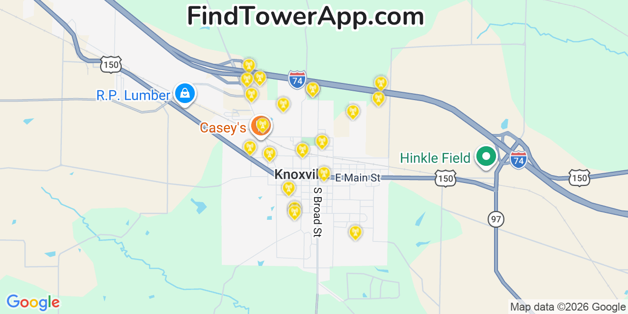 Map showing the 20 primary cell tower locations detected in Knoxville, Illinois from AT&T, Verizon, and T-Mobile networks