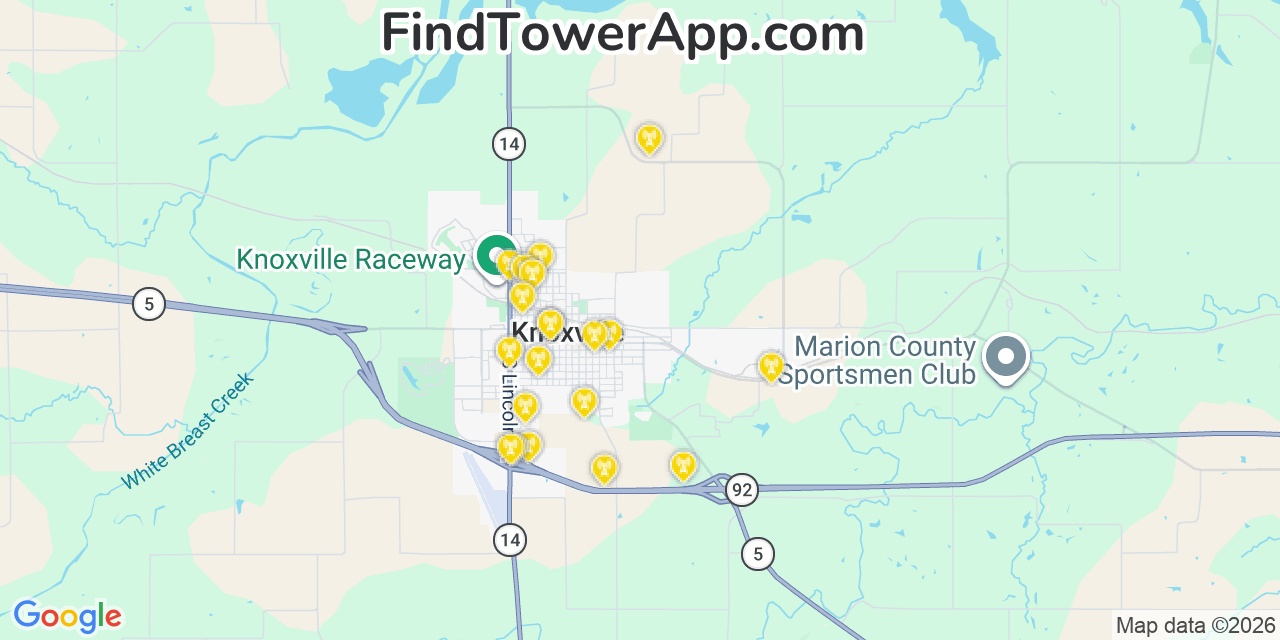 Map showing the 20 primary cell tower locations detected in Knoxville, Iowa from AT&T, Verizon, and T-Mobile networks