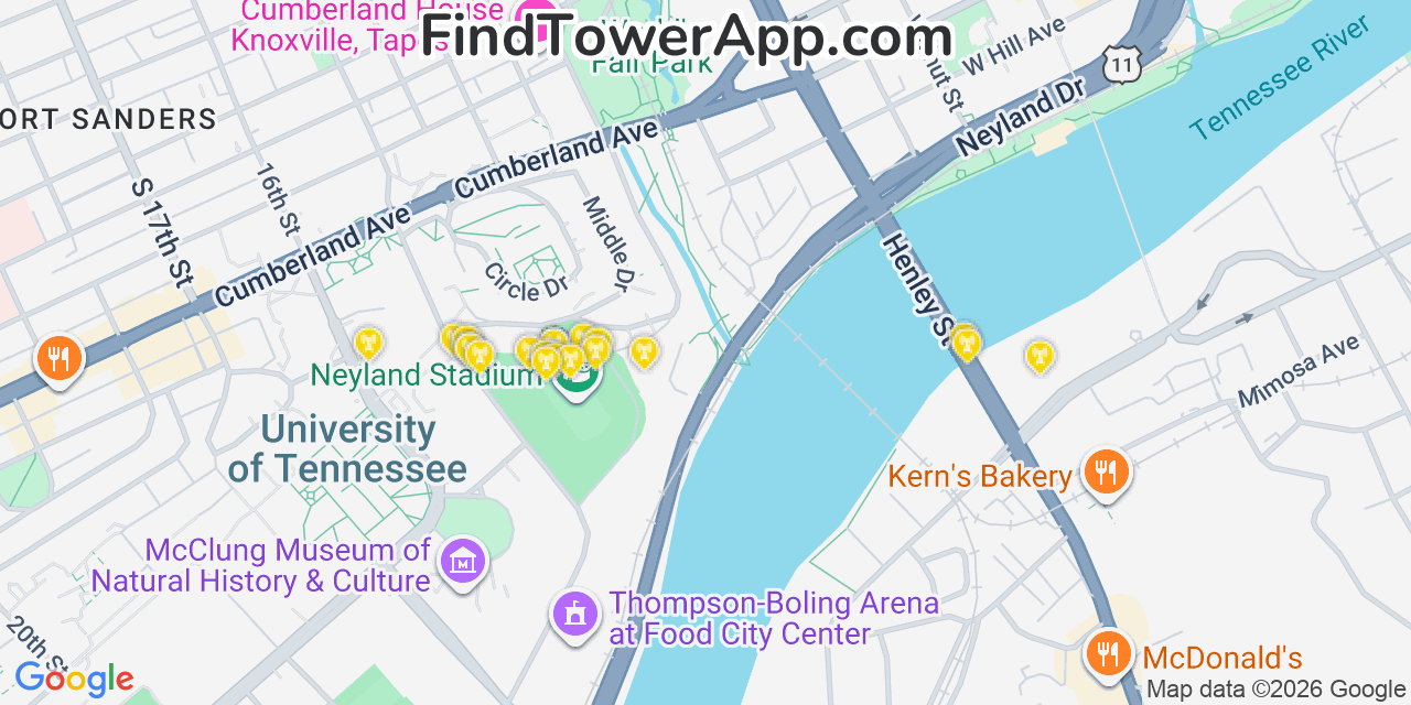 Map showing the 20 primary cell tower locations detected in Knoxville, Tennessee from AT&T, Verizon, and T-Mobile networks