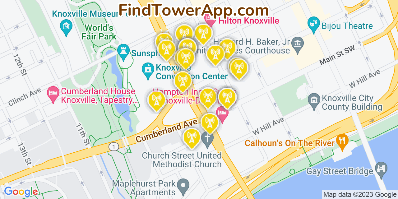 Verizon 4G/5G cell tower coverage map Knoxville, Tennessee