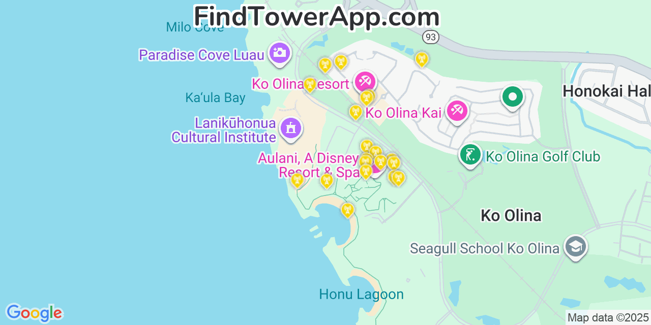 Map showing the 20 primary cell tower locations detected in Ko Olina, Hawaii from AT&T, Verizon, and T-Mobile networks