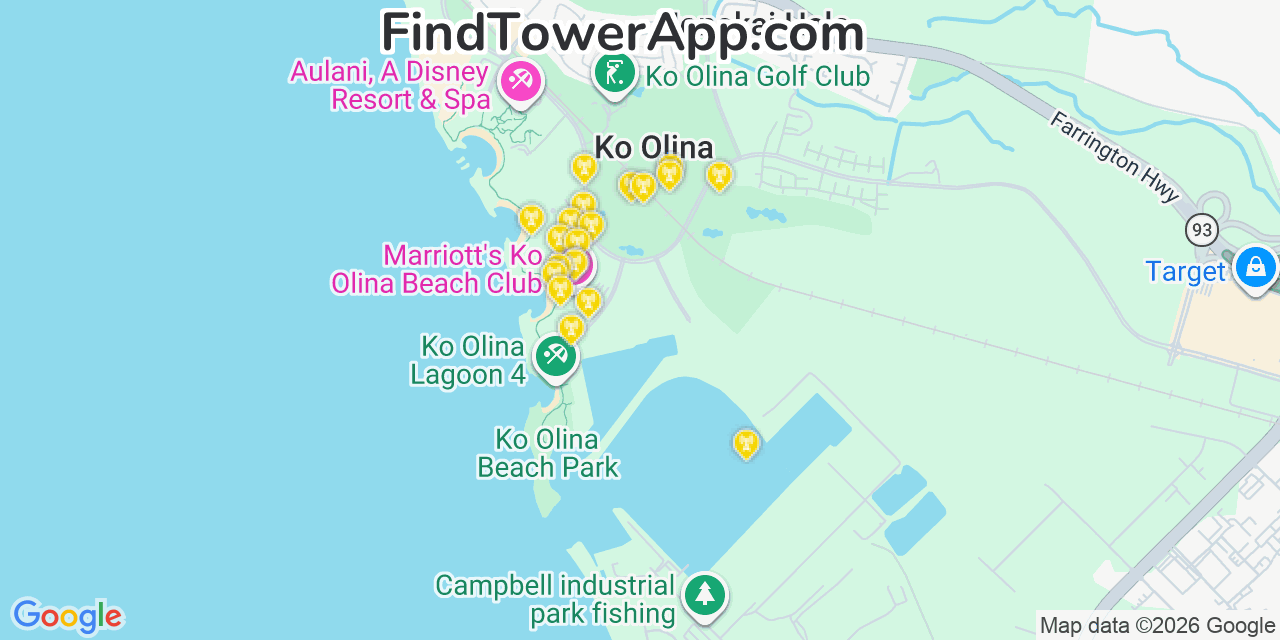 Map showing the 20 primary cell tower locations detected in Ko Olina, Hawaii from AT&T, Verizon, and T-Mobile networks