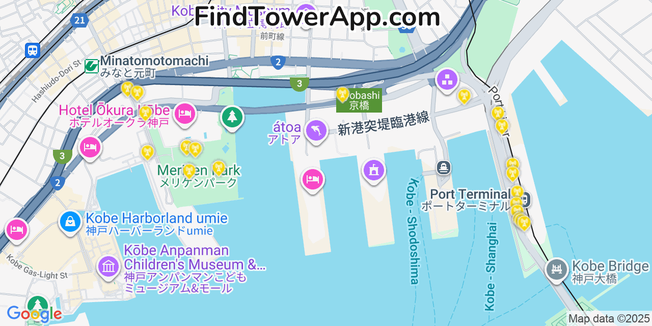 Map showing the 20 primary cell tower locations detected in Kobe, Japan with coverage areas and signal strength