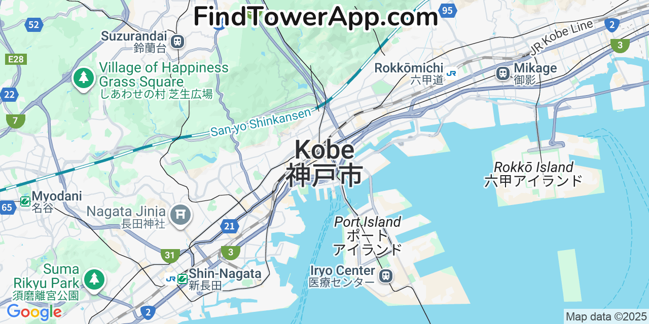 Map showing the 0 primary SoftBank cell tower locations detected in Kobe, Japan with coverage radius and signal strength indicators