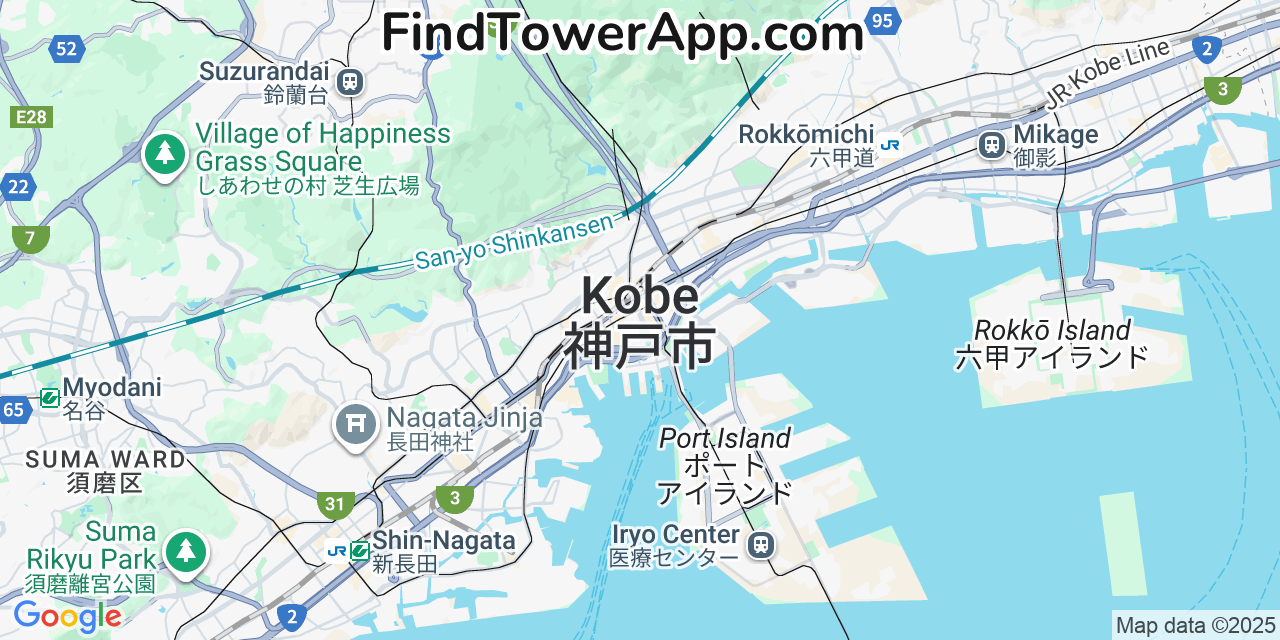 Map showing the 0 primary UQ-Communications cell tower locations detected in Kobe, Japan with coverage radius and signal strength indicators