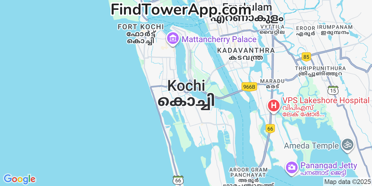 Map showing the 0 primary Bihar cell tower locations detected in Kochi, India with coverage radius and signal strength indicators