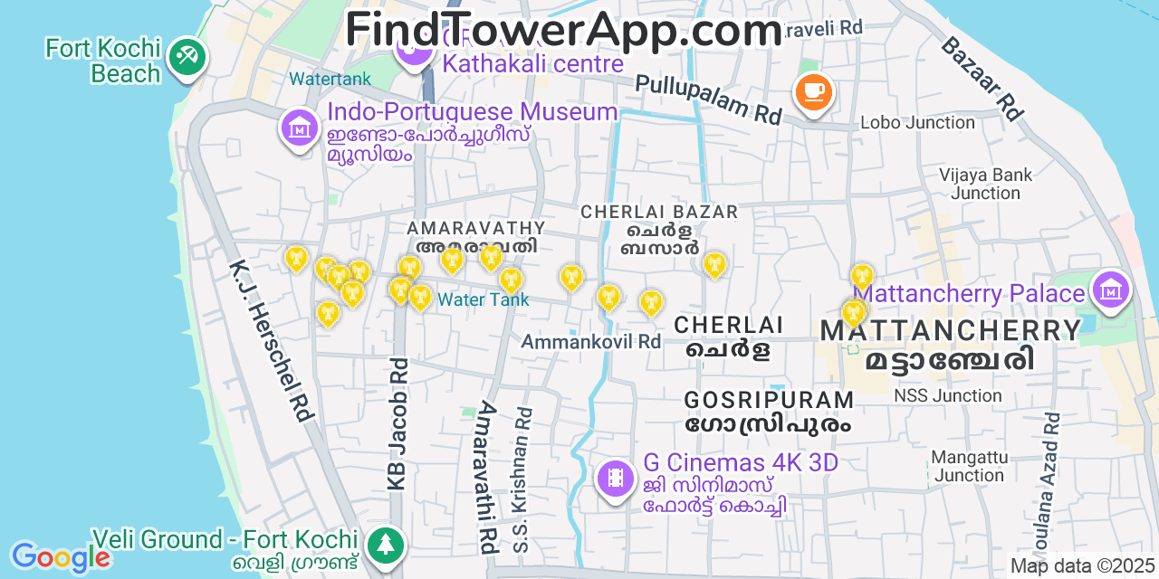 Map showing the 20 primary cell tower locations detected in Kochi, India with coverage areas and signal strength