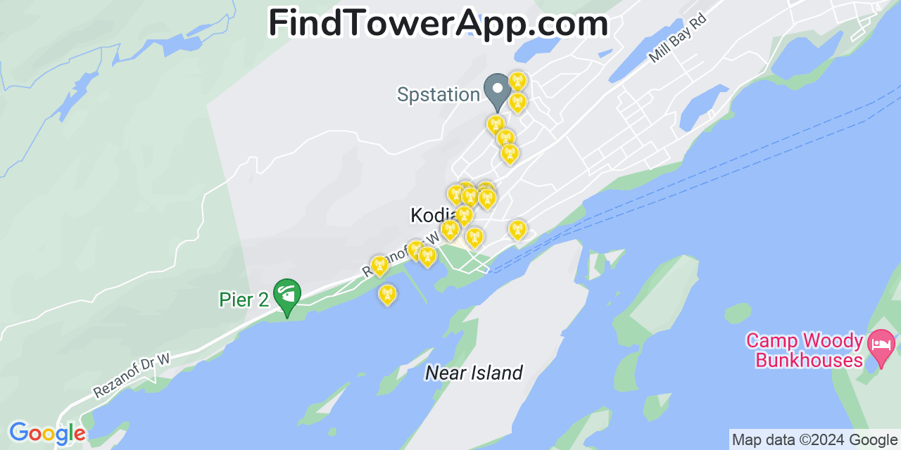 AT&T 4G/5G cell tower coverage map Kodiak, Alaska