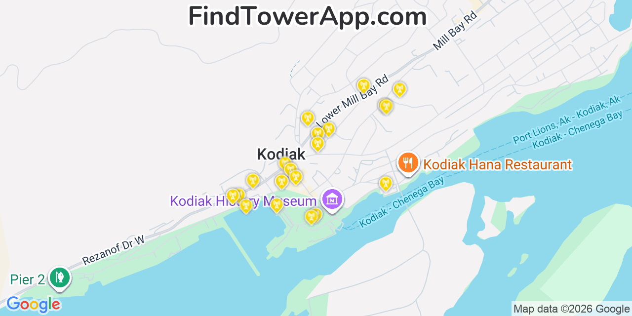 Map showing the 20 primary cell tower locations detected in Kodiak, Alaska from AT&T, Verizon, and T-Mobile networks