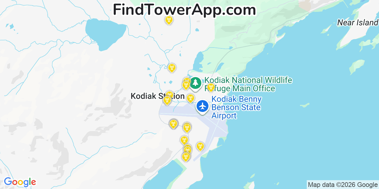 Map showing the 20 primary cell tower locations detected in Kodiak Station, Alaska from AT&T, Verizon, and T-Mobile networks