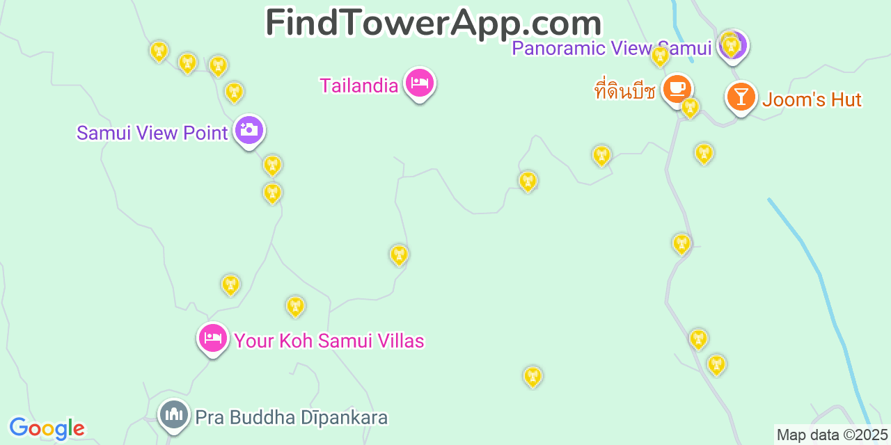 Map showing the 20 primary cell tower locations detected in Koh Samui, Thailand with coverage areas and signal strength