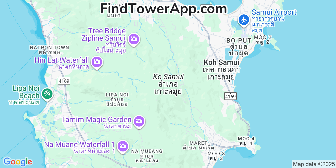 Map showing the 0 primary TOT-Public-Company cell tower locations detected in Koh Samui, Thailand with coverage radius and signal strength indicators