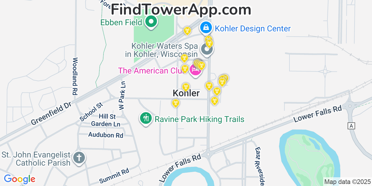Map showing the 20 primary cell tower locations detected in Kohler, Wisconsin from AT&T, Verizon, and T-Mobile networks