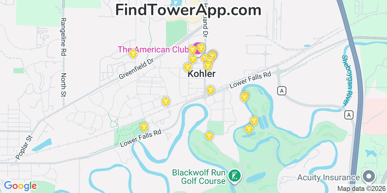 Map showing the 20 primary cell tower locations detected in Kohler, Wisconsin from AT&T, Verizon, and T-Mobile networks