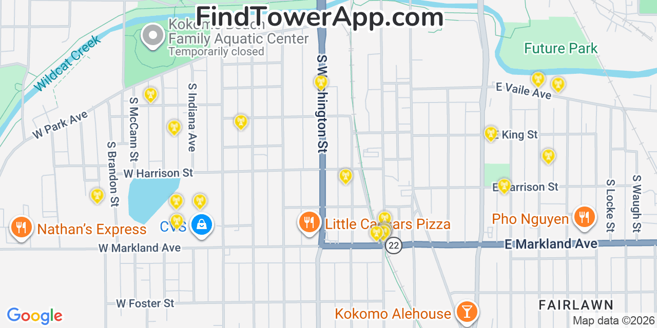Map showing the 20 primary cell tower locations detected in Kokomo, Indiana from AT&T, Verizon, and T-Mobile networks