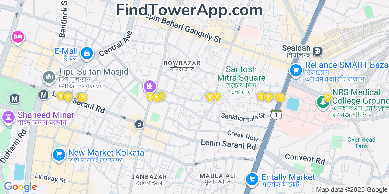 Map showing the 20 primary cell tower locations detected in Kolkata, India with coverage areas and signal strength