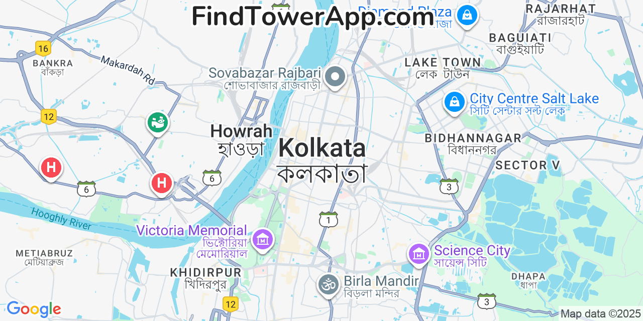 Map showing the 0 primary Tamil-Nadu-including-Chennai cell tower locations detected in Kolkata, India with coverage radius and signal strength indicators