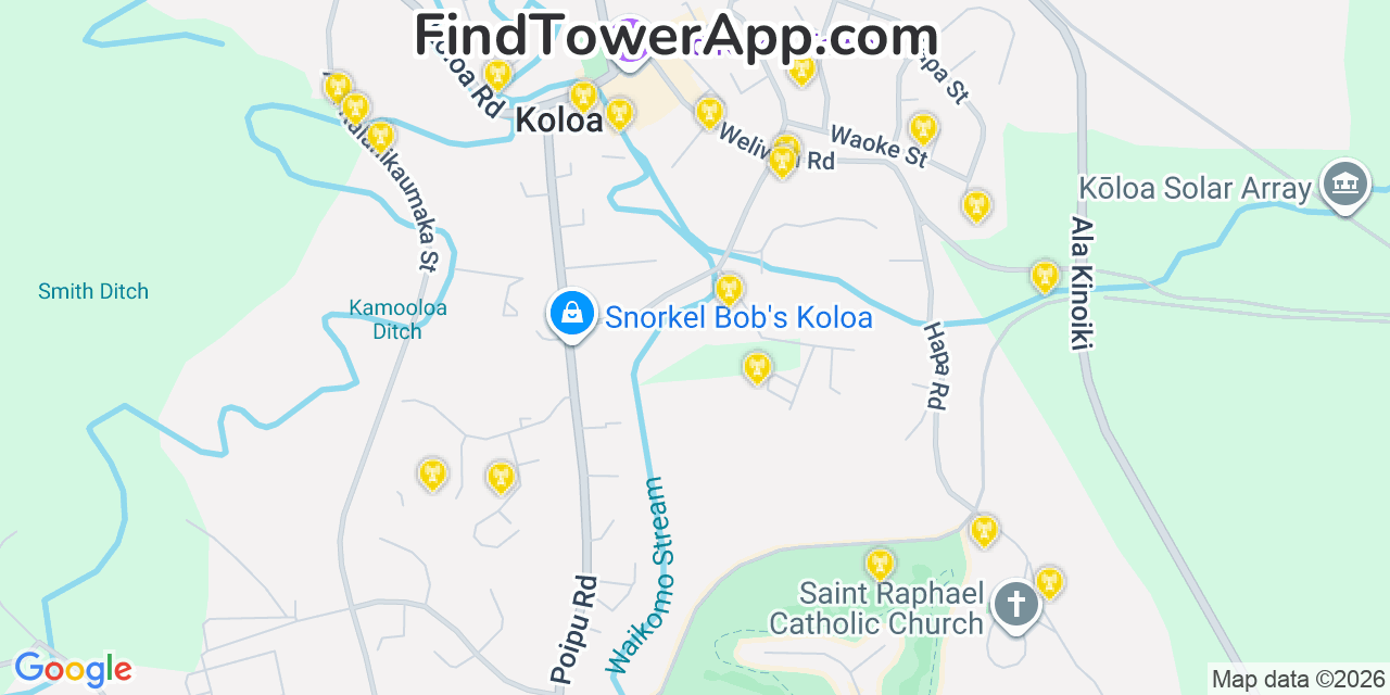 Map showing the 20 primary cell tower locations detected in Koloa, Hawaii from AT&T, Verizon, and T-Mobile networks