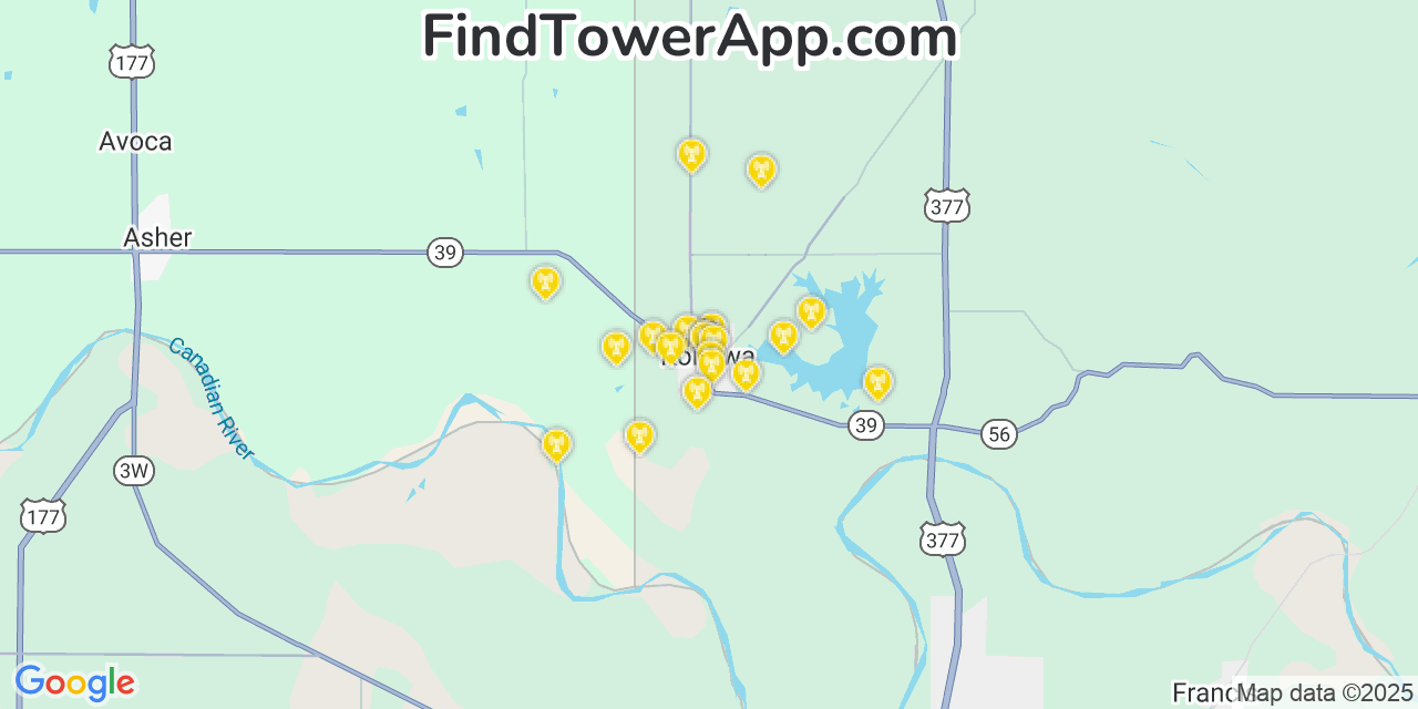 Map showing the 20 primary cell tower locations detected in Konawa, Oklahoma from AT&T, Verizon, and T-Mobile networks