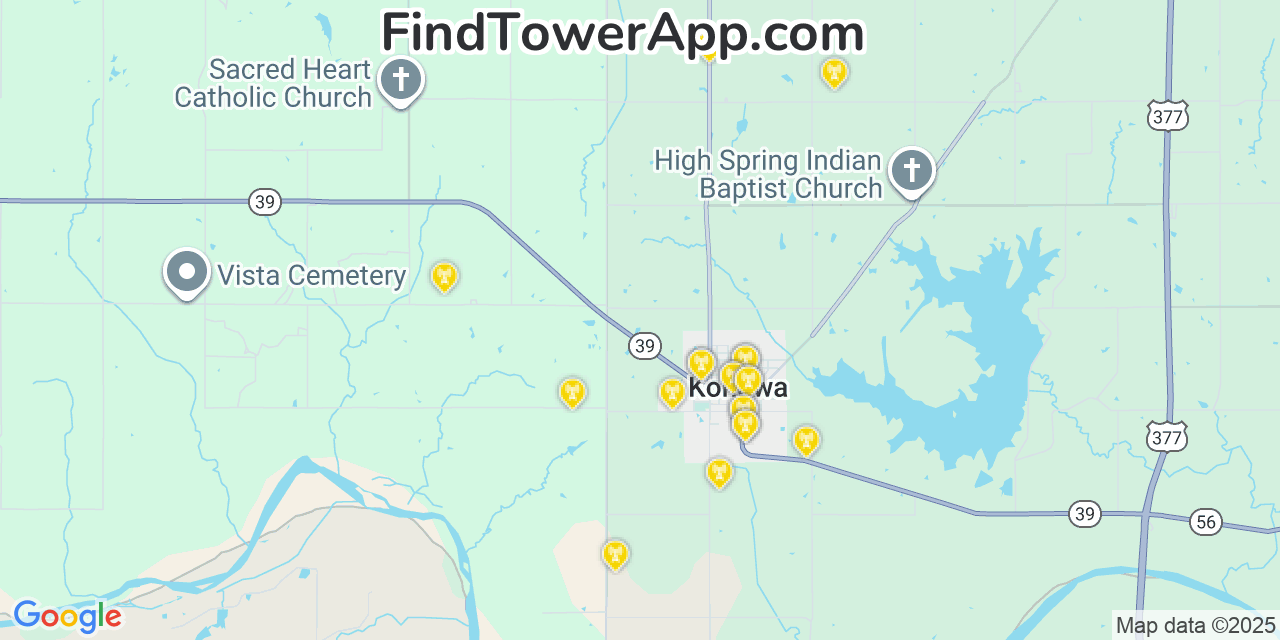 Map showing the 20 primary cell tower locations detected in Konawa, Oklahoma from AT&T, Verizon, and T-Mobile networks