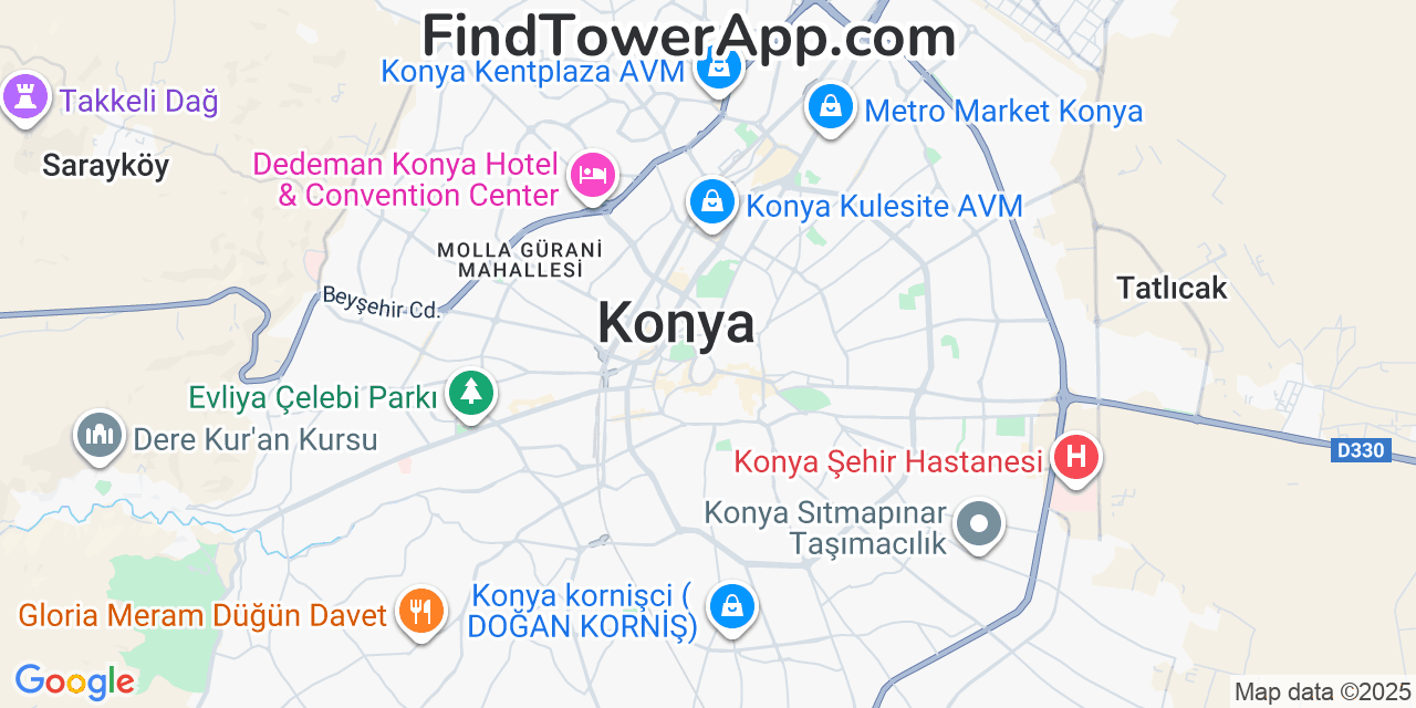 Map showing the 0 primary KKTCELL cell tower locations detected in Konya, Turkey with coverage radius and signal strength indicators