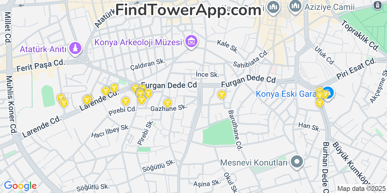 Map showing the 20 primary cell tower locations detected in Konya, Turkey with coverage areas and signal strength