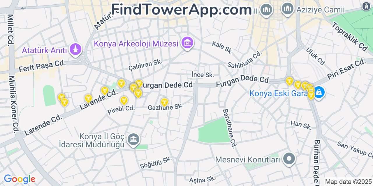 Map showing the 20 primary Türk Telekom cell tower locations in Konya, Turkey