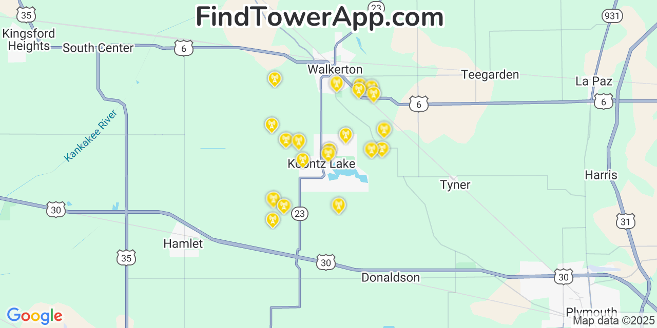 Map showing the 20 primary cell tower locations detected in Koontz Lake, Indiana from AT&T, Verizon, and T-Mobile networks