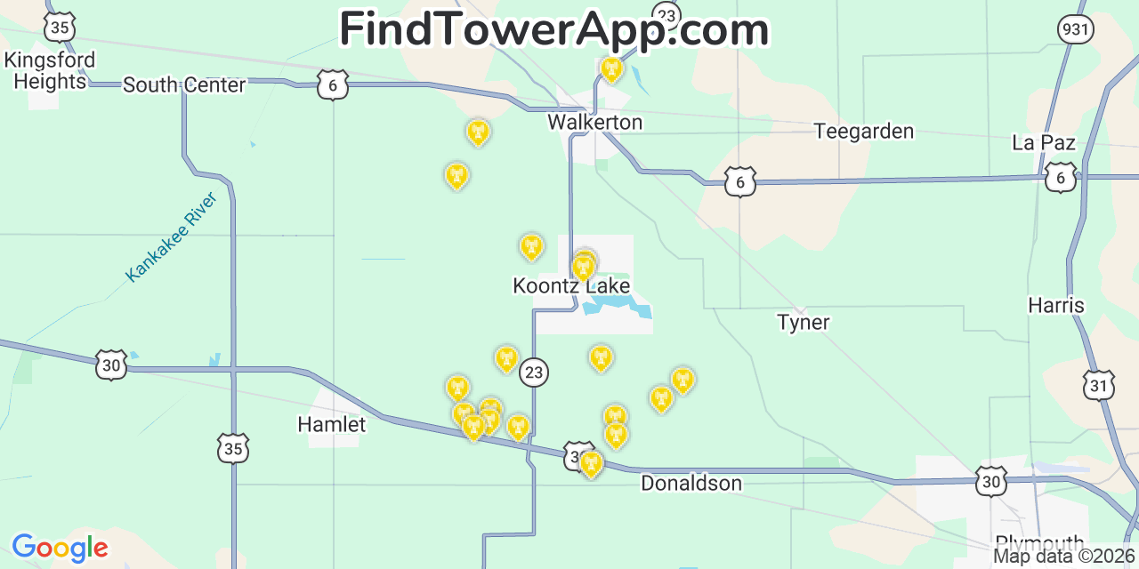 Map showing the 20 primary cell tower locations detected in Koontz Lake, Indiana from AT&T, Verizon, and T-Mobile networks