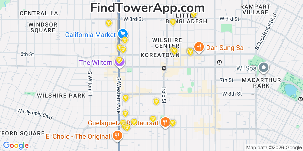 Map showing the 20 primary cell tower locations detected in Koreatown, California from AT&T, Verizon, and T-Mobile networks