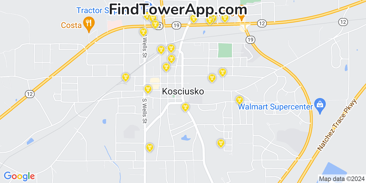 AT&T 4G/5G cell tower coverage map Kosciusko, Mississippi