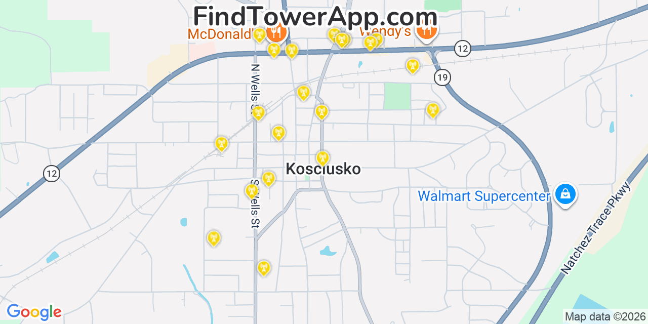 Map showing the 20 primary cell tower locations detected in Kosciusko, Mississippi from AT&T, Verizon, and T-Mobile networks