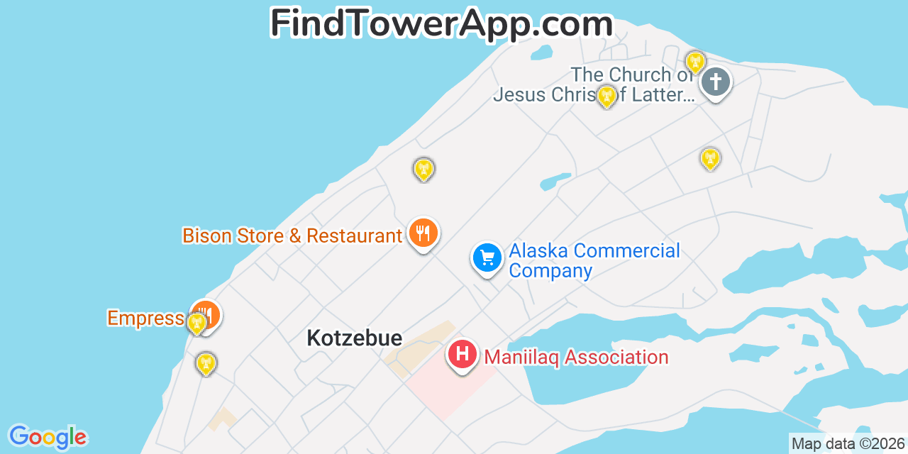 Map showing the 20 primary cell tower locations detected in Kotzebue, Alaska from AT&T, Verizon, and T-Mobile networks