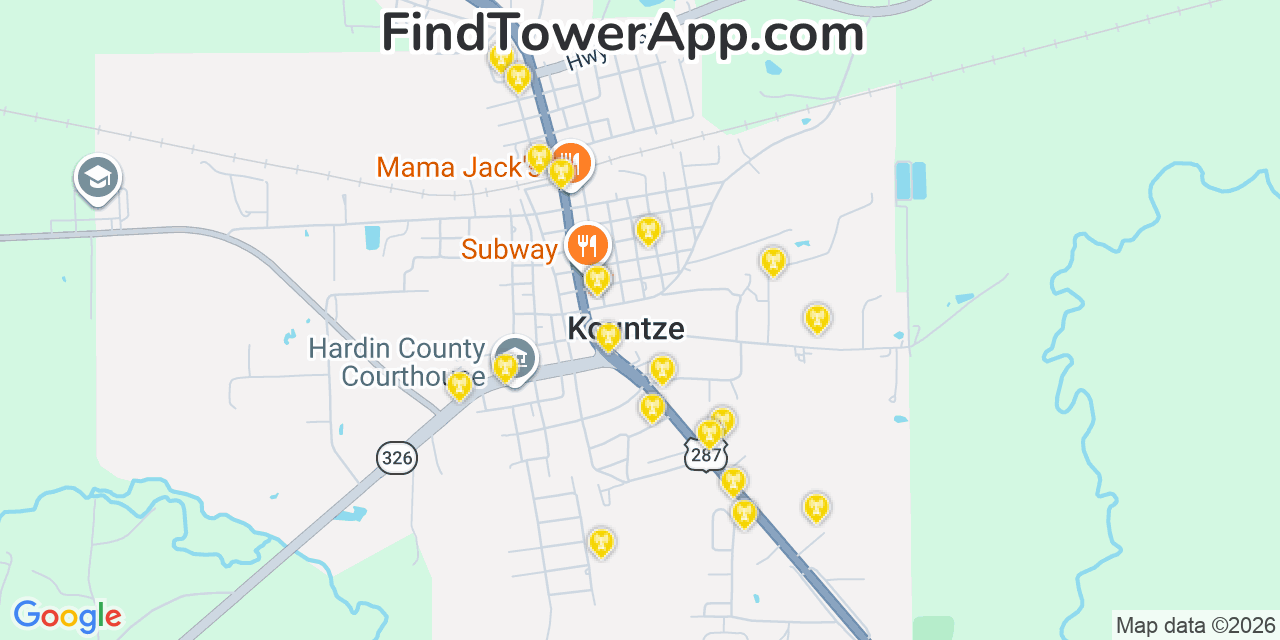Map showing the 20 primary cell tower locations detected in Kountze, Texas from AT&T, Verizon, and T-Mobile networks