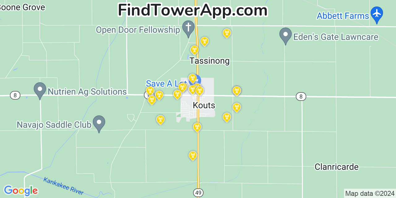 AT&T 4G/5G cell tower coverage map Kouts, Indiana