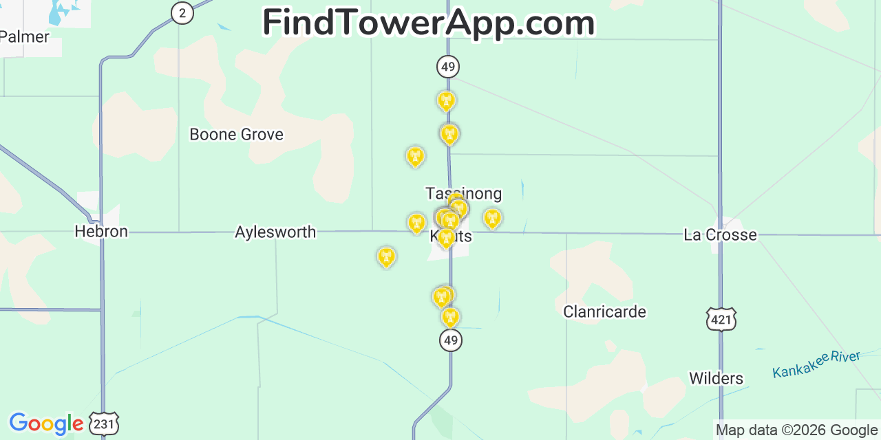 Map showing the 20 primary cell tower locations detected in Kouts, Indiana from AT&T, Verizon, and T-Mobile networks