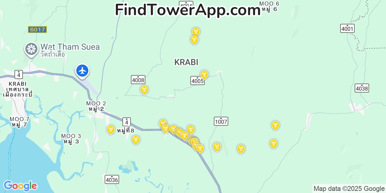 Map showing the 0 primary DTAC cell tower locations detected in Krabi, Thailand with coverage radius and signal strength indicators